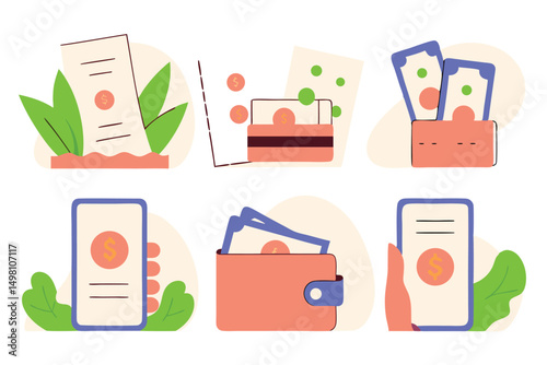 Vector illustration of various finance related icons including money, credit cards, and phones.