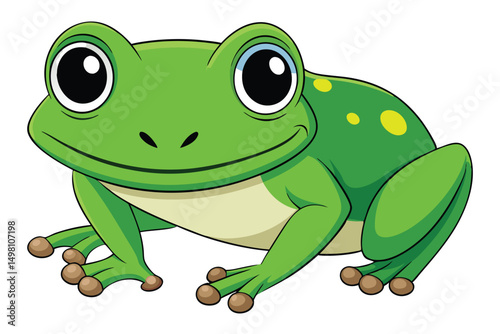 Cartoon Illustration of a Smiling Green Tree Frog with Yellow Spots Sitting Still
