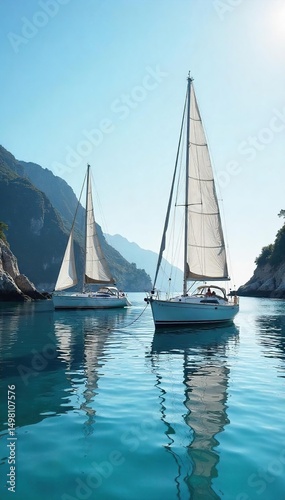 Tranquil scene of sailboats gently rocking at anchor in a calm bay, sunlight illuminating the masts and sails Ideal for travel, nautical, and lifestyle publications , golden hour, travel, relaxation