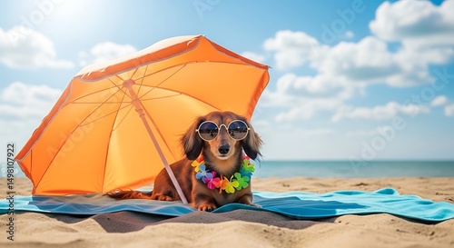 Dog in Sunglasses Relaxing on a Beach Under Umbrella

