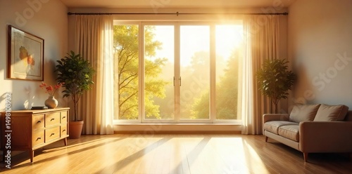 Warm sunlight streams through a large window illuminating a bright, airy interior space, perfect for a welcoming introduction or opening scene , sunlight,  interior design