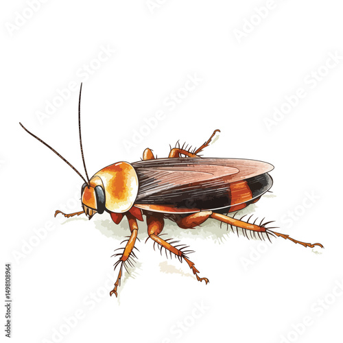 Detailed cockroach illustration with orange head and striped wings