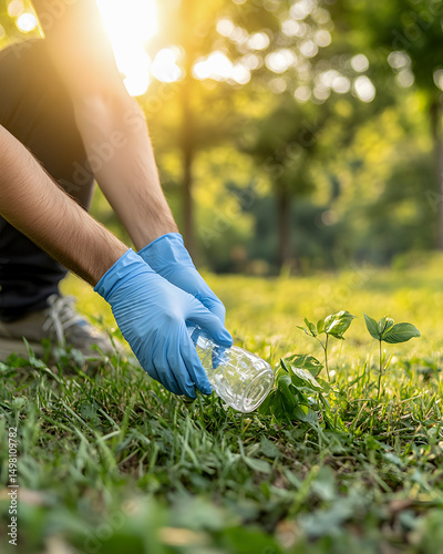 Volunteer wearing gloves collecting a plastic bottle in a city park, taking care of nature and environment