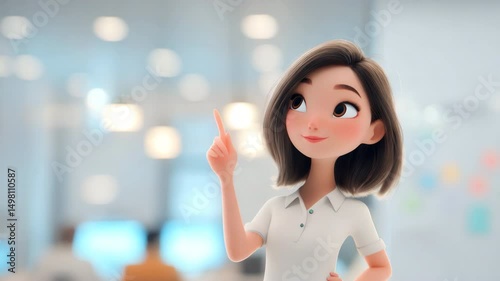 Happy woman, Eureka expression, hand gesture, index finger up. 3d cartoon style animation. Concept of a great idea, brainstorming. Solution of the problem, right decision