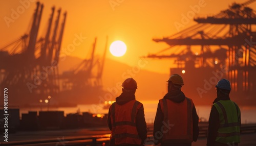 Fototapeta Naklejka Na Ścianę i Meble -  Three workers in safety vests and helmets overlooking a port at sunset
