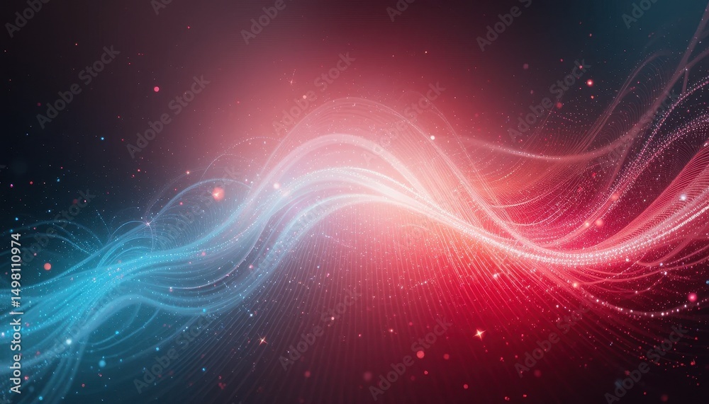 Fototapeta premium Abstract Red and Blue Wave Background Glowing Lines, Gradient Blend, Bright Light, Shiny Sparkle