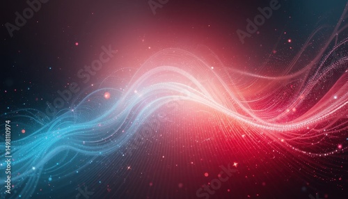 Abstract Red and Blue Wave Background Glowing Lines, Gradient Blend, Bright Light, Shiny Sparkle