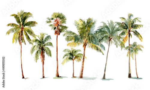 Palm trees watercolor vector illustration, beach botanical clipart, tropical foliage design, exotic leaf decoration, jungle vibes art, summer plant elements, boho tropical vibe.