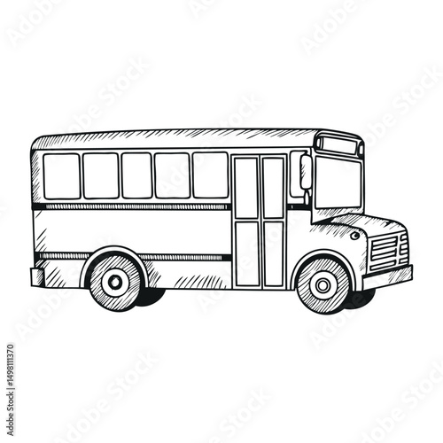 School bus in black and white vintage engraved style