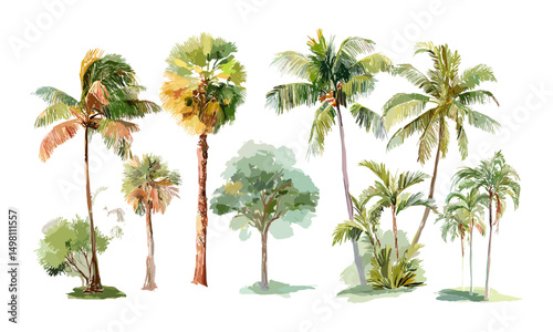 Watercolor palm tree vector illustration, exotic beach foliage, tropical jungle leaves, greenery clip art, coastal summer decor, boho nature painting, tropical tree aesthetic.