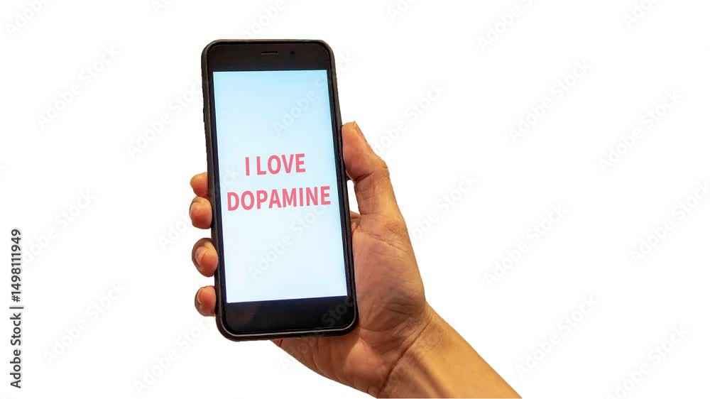 2d looped animated video technology addiction concept featuring a hand holding a smartphone with i love dopamine text on screen 