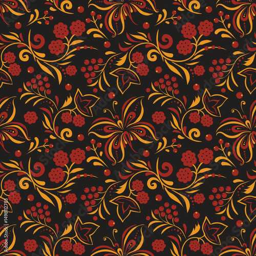Russian old style ornament Hohloma in gold and red colors seamless pattern. Vector Floral slavic traditional decoration motive. For cards, fabric, textiles, clothing, packaging.