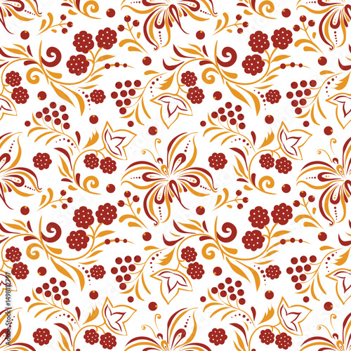 Russian old style ornament Hohloma in gold and red colors seamless pattern. Vector Floral slavic traditional decoration motive. For cards, fabric, textiles, clothing, packaging.