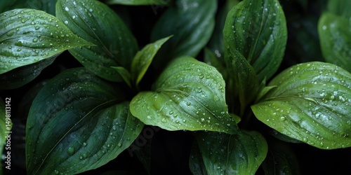 Close-Up of Fresh Green Leaves with Water Droplets Showcasing Natural Beauty
