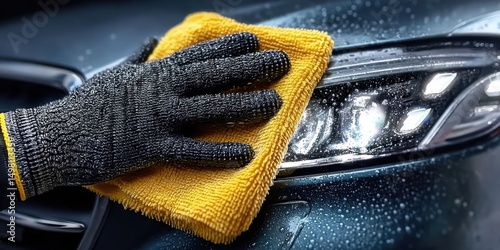 Close-up of Man's Hand in Black Gloves Cleaning Car with Yellow Microfiber Cloth
