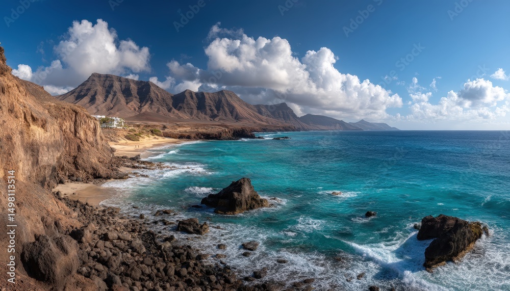 Fototapeta premium Scenic coastal landscape with rocky cliffs, turquoise ocean, and distant mountains under a partly cloudy sky