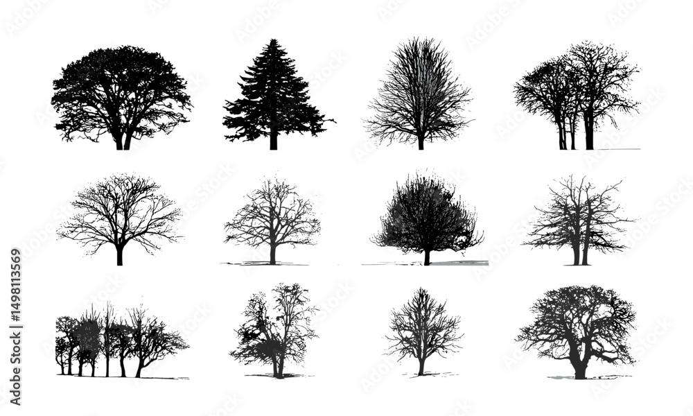 Fototapeta premium Winter tree silhouettes, detailed bare branches, vector illustration, scenic forest outlines, cold season nature, atmospheric landscape, natural wilderness, serene outdoor environment.