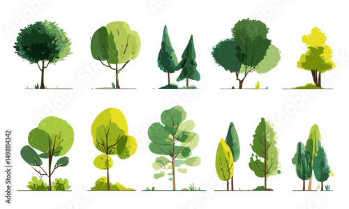 Cartoon trees isolated on white background, modern simple style, green forest plants, natural environment, wellness theme, organic growth, flat style vector illustration.