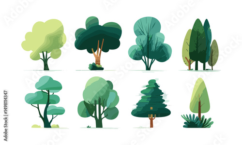 Green plants and cartoon trees, simple modern flat style, forest nature illustration, healthy lifestyle theme, environmental conservation, natural habitat vector illustration.