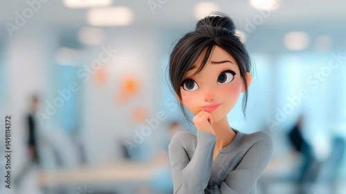 Cute girl character animation. Thoughtful girl resting her head on her hand, deep in thought. Sad face expression, puzzled, confused person, big eyes
