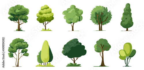 Vector illustration of cartoon trees, green forest plants, nature scene, healthy living, eco friendly design, outdoor greenery, minimalist style, flat modern art.