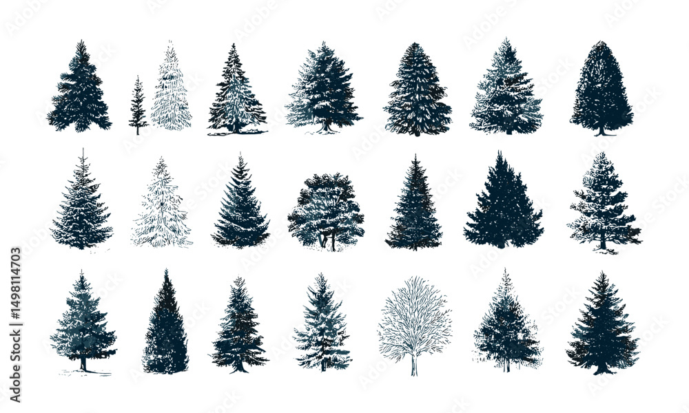 Obraz premium Christmas Trees pictogram set white bg, vector illustration, winter holiday icons, festive symbols, Xmas decoration, pine tree silhouette, seasonal design elements.