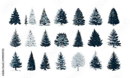 Christmas Trees pictogram set white bg, vector illustration, winter holiday icons, festive symbols, Xmas decoration, pine tree silhouette, seasonal design elements.