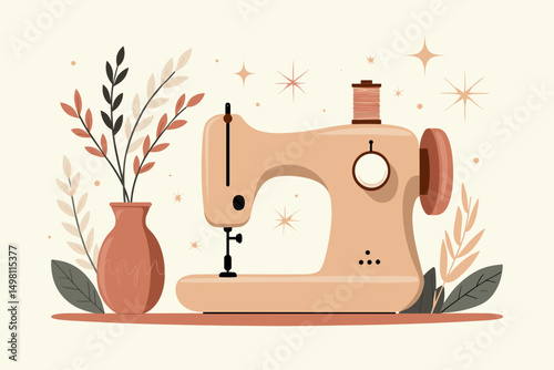 Vintage sewing machine with decorative vase and plants in minimalistic style