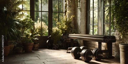 Home Gym with Dumbbells, Plants, and Large Windows for a Motivating Fitness Space