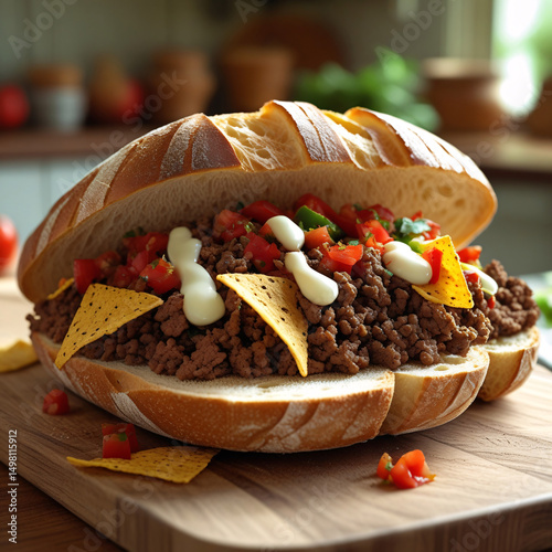 A fresh, crusty baguette sliced open and generously filled with spicy salsa, crunchy tortilla chips