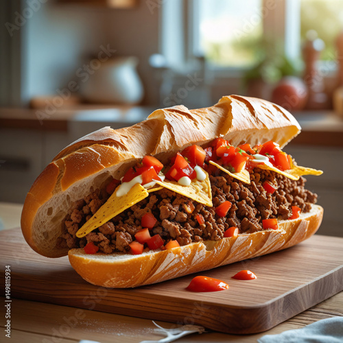 A fresh, crusty baguette sliced open and generously filled with spicy salsa, crunchy tortilla chips, seasoned ground beef, and a drizzle of creamy sauce. 