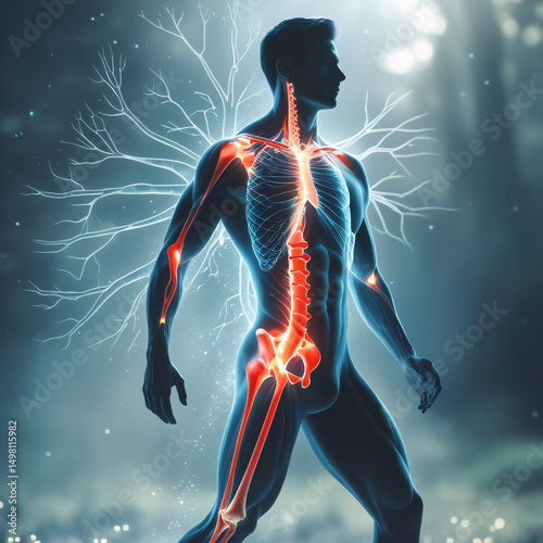 A human silhouette in motion, merging with abstract anatomy diagrams — muscles, joints, neural pathways — subtly glowing under the skin, surrounded by soft light in a natural or cosmic background.