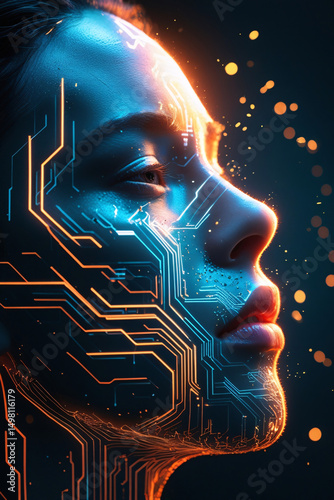A vertical cinematic close-up of a human face gradually dissolving into glowing circuit lines, the skin transforming into digital pathways under dramatic side lighting.