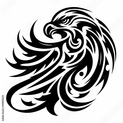 Tribal eagle head tattoo design in bold black ink on white background

