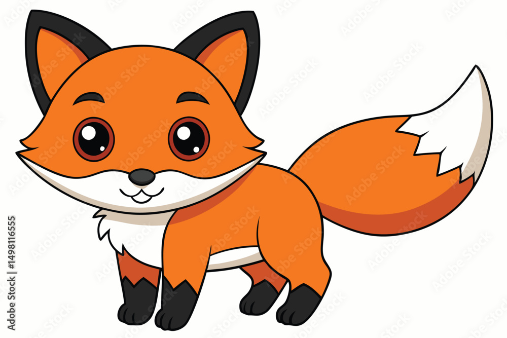 Obraz premium Cartoon Fox Standing with Big Eyes and Bushy Tail Isolated Illustration