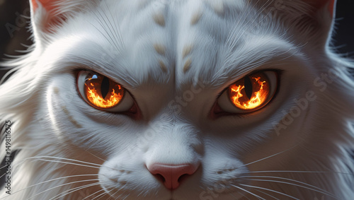 Extreme close-up shot of a white cat's face with intense, determined eyes. Reflections of fire and destruction in her eyes.