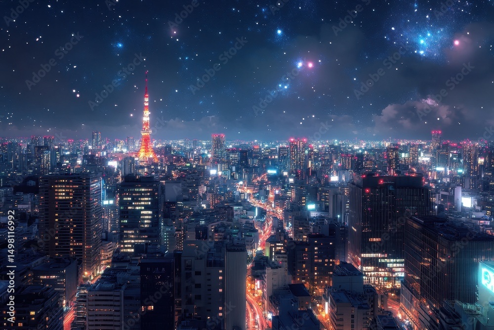 Fototapeta premium Stunning Tokyo cityscape and celestial stars create a mesmerizing night view with vibrant lights, Cityscapes and Celestial Views in Japanese, seamless ing background