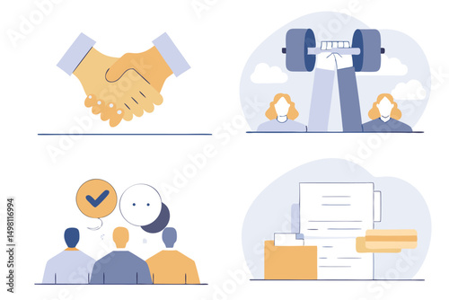 Business concepts represented by illustrated handshake strength teamwork and documents