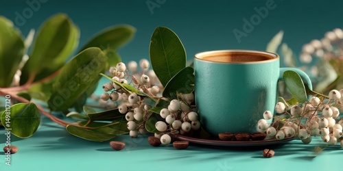 Serene Coffee Scene with Green Leaves and White Berries on Vibrant Turquoise Background