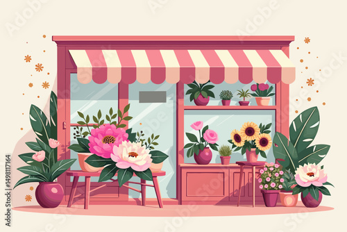 the exterior of a flower shop with bright plants and floral arrangements in pastel colors