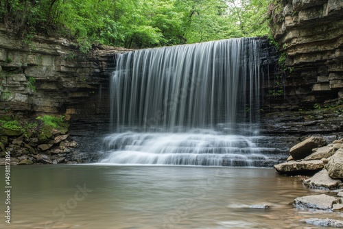 Stunning waterfall flows gracefully amidst lush greenery in a tranquil setting, beautiful view of the waterfall Seamless ing timelapse virtual Photo background