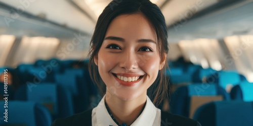Smiling Young Asian Flight Attendant in Empty Passenger Plane Cabin