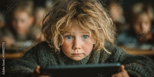 Young Boy Using Tablet in Bright Modern Classroom with Peers