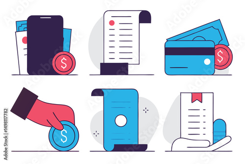 Vector illustration of finance and payment icons representing financial transactions and digital banking
