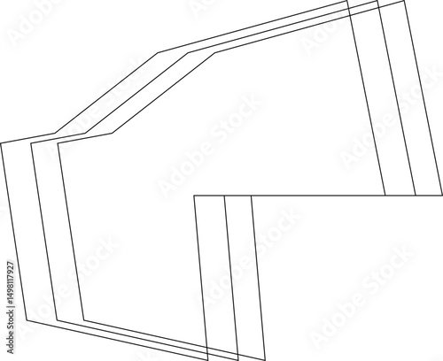 Black outline design with overlapping square-like polygons forming a structured composition of thin minimalist shapes.