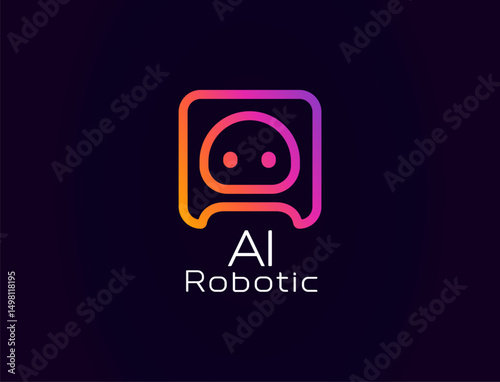 AI robotic logo with cute robot face in square frame, glowing gradient style. Ideal for tech apps, virtual assistants, smart automation tools. Modern minimal icon. Vector illustration.