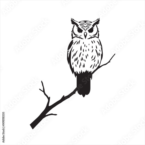 Silhoutee outline illustration of an owl sitting on a thin branch.