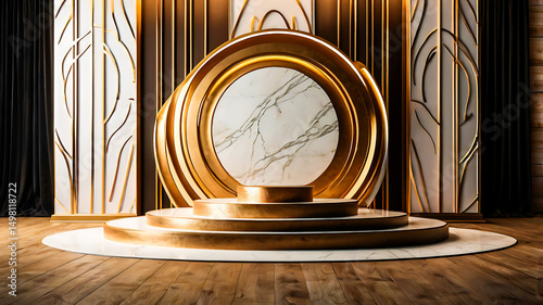 Elegant Gold and Marble Product Display Platform with Art Deco Design