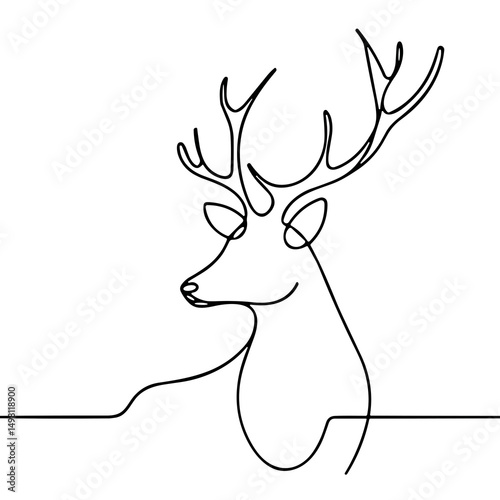 Single line drawing of a deer head with antlers on white background  
