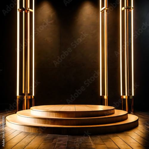 Elegant Wooden Podium with Golden Lighting for Product Display